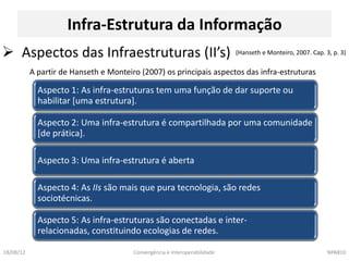 Infra-Estrutura da Informação
 Aspectos das Infraestruturas (II’s)                                       (Hanseth e Monteiro, 2007. Cap. 3, p. 3)

           A partir de Hanseth e Monteiro (2007) os principais aspectos das infra-estruturas

             Aspecto 1: As infra-estruturas tem uma função de dar suporte ou
             habilitar [uma estrutura].

             Aspecto 2: Uma infra-estrutura é compartilhada por uma comunidade
             [de prática].

             Aspecto 3: Uma infra-estrutura é aberta

             Aspecto 4: As IIs são mais que pura tecnologia, são redes
             sociotécnicas.

             Aspecto 5: As infra-estruturas são conectadas e inter-
             relacionadas, constituindo ecologias de redes.

18/08/12                                Convergência e Interoperabilidade                                    NPA810
 