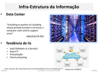 Infra-Estrutura da Informação
•      Data Center

        “A building or portion of a building
        whose primaty function is to house a
        computer room and its support
        areas”
                             ANSI/EIA/TIA 942

•      Tendência de IIs
        •   SaaS (Software as a Service)
        •   Green IT
        •   Virtualização
        •   Cloud computing



     Fonte: Horowitz, Bem http://bhorowitz.com/2012/02/06/the-future-of-networking/~~V   Acesso em 15/08/12
18/08/12                                           Convergência e Interoperabilidade                          NPA810
 