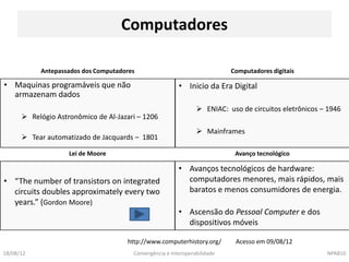 Computadores

           Antepassados dos Computadores                                   Computadores digitais

• Maquinas programáveis que não                          • Inicio da Era Digital
  armazenam dados
                                                                 ENIAC: uso de circuitos eletrônicos – 1946
       Relógio Astronômico de Al-Jazari – 1206
                                                                 Mainframes
       Tear automatizado de Jacquards – 1801

                    Lei de Moore                                            Avanço tecnológico

                                                         • Avanços tecnológicos de hardware:
• “The number of transistors on integrated                 computadores menores, mais rápidos, mais
  circuits doubles approximately every two                 baratos e menos consumidores de energia.
  years.” (Gordon Moore)
                                                         • Ascensão do Pessoal Computer e dos
                                                           dispositivos móveis

                                     http://www.computerhistory.org/        Acesso em 09/08/12
18/08/12                               Convergência e Interoperabilidade                               NPA810
 