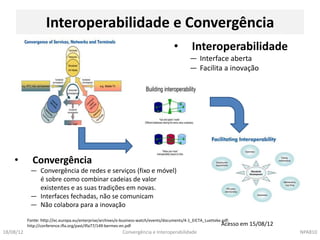 Interoperabilidade e Convergência
                                                                                      •        Interoperabilidade
                                                                                              ― Interface aberta
                                                                                              ― Facilita a inovação




    •        Convergência
            ― Convergência de redes e serviços (fixo e móvel)
              é sobre como combinar cadeias de valor
              existentes e as suas tradições em novas.
            ― Interfaces fechadas, não se comunicam
            ― Não colabora para a inovação

           Fonte: http://ec.europa.eu/enterprise/archives/e-business-watch/events/documents/4-1_EICTA_Luetteke.pdf;
           http://conference.ifla.org/past/ifla77/149-bermes-en.pdf                                            Acesso em 15/08/12
18/08/12                                                      Convergência e Interoperabilidade                                     NPA810
 