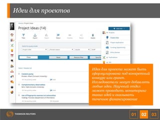 Идеи для проектов
Идея для проекта может быть
сформулирована под конкретный
конкурс или грант.
Исследователи могут добавлять
любые идеи. Научный отдел
может проводить мониторинг
таких идей и оказывать
точечное финансирование
01 02 03
 