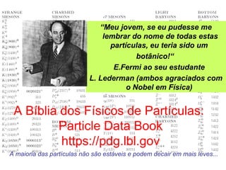 A Bíblia dos Físicos de Partículas:
Particle Data Book
https://pdg.lbl.gov
“Meu jovem, se eu pudesse me
lembrar do nome de todas estas
partículas, eu teria sido um
botânico!“
E.Fermi ao seu estudante
L. Lederman (ambos agraciados com
o Nobel em Física)
A maioria das partículas não são estáveis e podem decair em mais leves...
 