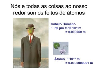 Nós e todas as coisas ao nosso
redor somos feitos de átomos
Cabelo Humano
~ 50 µm = 50 10-6
m
= 0.000050 m
Átomo ~ 10-10
m
= 0.0000000001 m
Magritte
 