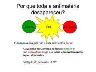 Por que toda a antimatéria
desapareceu?
Antimatéria
A evolução do Universo contendo matéria e
não antimatéria exige que seus comportamentos
sejam diferentes
Violação de simetrias  CP
matéria Puff
É bom para nós que não exista antimatéria por aí!
 