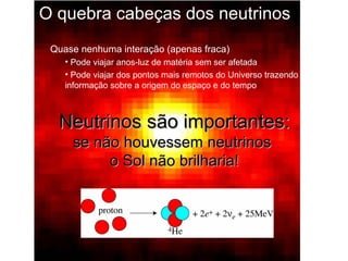 Neutrinos são importantes:Neutrinos são importantes:
se não houvessem neutrinosse não houvessem neutrinos
o Sol não brilharia!o Sol não brilharia!
Quase nenhuma interação (apenas fraca)
• Pode viajar anos-luz de matéria sem ser afetada
• Pode viajar dos pontos mais remotos do Universo trazendo
informação sobre a origem do espaço e do tempo
O quebra cabeças dos neutrinos
 