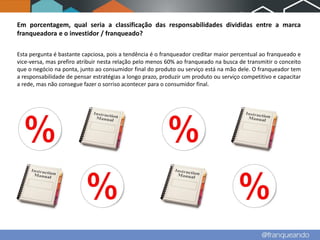 Em porcentagem, qual seria a classificação das responsabilidades divididas entre a marca
franqueadora e o investidor / franqueado?

Esta pergunta é bastante capciosa, pois a tendência é o franqueador creditar maior percentual ao franqueado e
vice-versa, mas prefiro atribuir nesta relação pelo menos 60% ao franqueado na busca de transmitir o conceito
que o negócio na ponta, junto ao consumidor final do produto ou serviço está na mão dele. O franqueador tem
a responsabilidade de pensar estratégias a longo prazo, produzir um produto ou serviço competitivo e capacitar
a rede, mas não consegue fazer o sorriso acontecer para o consumidor final.
 