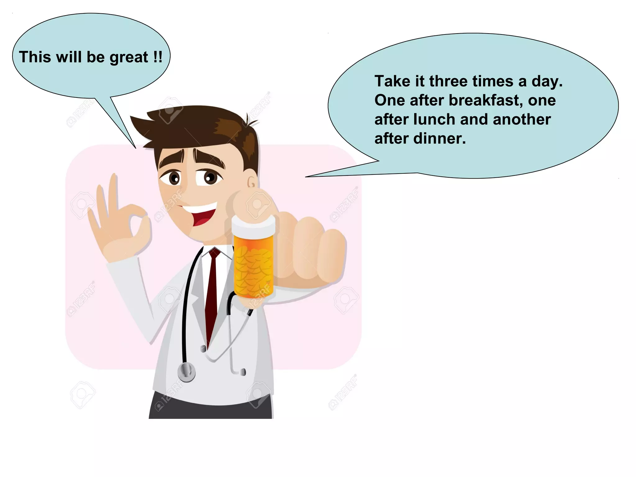 This will be great !!
Take it three times a day.
One after breakfast, one
after lunch and another
after dinner.