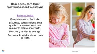 Habilidades para tener
Conversaciones Productivas
Escucha Activa
Convertirse en un Aprendiz.
Escuchas, pon atención y deja
que la otra persona sepa que
realmente estás escuchando.
Resume y verifica lo que dijo.
Reconoce la validez de su punto
de vista.
3 MARCH 2020 10
 