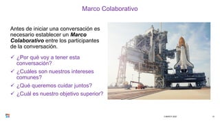 Marco Colaborativo
Antes de iniciar una conversación es
necesario establecer un Marco
Colaborativo entre los participantes
de la conversación.
 ¿Por qué voy a tener esta
conversación?
 ¿Cuáles son nuestros intereses
comunes?
 ¿Qué queremos cuidar juntos?
 ¿Cuál es nuestro objetivo superior?
3 MARCH 2020 14
 