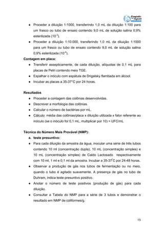● Proceder a diluição 1:1000, transferindo 1,0 mL da diluição 1:100 para 
um frasco ou tubo de ensaio contendo 9,0 mL de solução salina 0,9% 
esterilizada (10-3). 
● Proceder a diluição 1:10.000, transferindo 1,0 mL da diluição 1:1000 
para um frasco ou tubo de ensaio contendo 9,0 mL de solução salina 
0,9% esterilizada (10-4). 
15 
Contagem em placa: 
● Transferir assepticamente, de cada diluição, alíquotas de 0,1 mL para 
placas de Petri contendo meio TGE. 
● Espalhar o inóculo com espátula de Drigalsky flambada em álcool. 
● Incubar as placas a 35-37°C por 24 horas. 
Resultados 
● Proceder a contagem das colônias desenvolvidas. 
● Descrever a morfologia das colônias. 
● Calcular o número de bactérias por mL. 
● Cálculo: média das colônias/placa x diluição utilizada x fator referente ao 
inóculo (se o inóculo for 0,1 mL, multiplicar por 10) = UFC/mL 
Técnica do Número Mais Provável (NMP): 
a. teste presuntivo: 
● Para cada diluição da amostra da água, inocular uma série de três tubos 
contendo 10 ml (concentração dupla), 10 mL (concentração simples) e 
10 mL (concentração simples) de Caldo Lactosado respectivamente 
com 10 ml, 1 ml e 0,1 ml da amostra. Incubar a 35-37ºC por 24-48 horas. 
● Observar a produção de gás nos tubos de fermentação ou no meio, 
quando o tubo é agitado suavemente. A presença de gás no tubo de 
Duhram, indica teste presuntivo positivo. 
● Anotar o número de teste positivos (produção de gás) para cada 
diluição. 
● Consultar a Tabela do NMP para a série de 3 tubos e demonstrar o 
resultado em NMP de coliformes/g. 
 
