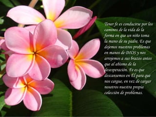 Tener fe es conducirse por los
caminos de la vida de la
forma en que un niño toma
la mano de su padre. Es que
dejemos nuestros problemas
en manos de DIOS y nos
arrojemos a sus brazos antes
que al abismo de la
desesperación. Fe es que
descansemos en Él para que
nos cargue, en vez de cargar
nosotros nuestra propia
colección de problemas.
 