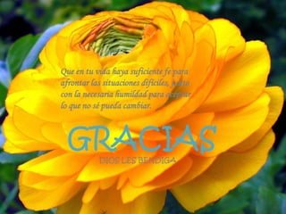 Que en tu vida haya suficiente fe para
afrontar las situaciones difíciles, junto
con la necesaria humildad para aceptar
lo que no sé pueda cambiar.
GRACIAS
DIOS LES BENDIGA
 