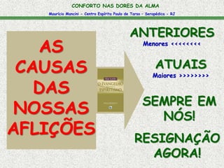 Maurício Mancini - Centro Espírita Paulo de Tarso – Seropédica - RJ
CONFORTO NAS DORES DA ALMA
ANTERIORES
Menores <<<<<<<<
ATUAIS
Maiores >>>>>>>>
SEMPRE EM
NÓS!
RESIGNAÇÃO
AGORA!
AS
CAUSAS
DAS
NOSSAS
AFLIÇÕES
 