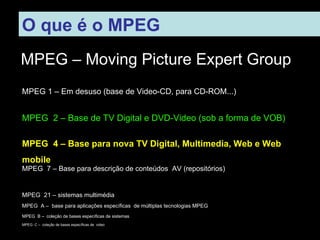 O que é o MPEG MPEG – Moving Picture Expert Group MPEG 1 – Em desuso (base de Video-CD, para CD-ROM...) MPEG  2 – Base de TV Digital e DVD-Video (sob a forma de VOB) MPEG  4 – Base para nova TV Digital, Multimedia, Web e Web mobile MPEG  7 – Base para descrição de conteúdos  AV (repositórios)  MPEG  21 – sistemas multimédia MPEG  A –  base para aplicações específicas  de múltiplas tecnologias MPEG MPEG  B –  coleção de bases específicas de sistemas MPEG  C –  coleção de bases específicas de  video 