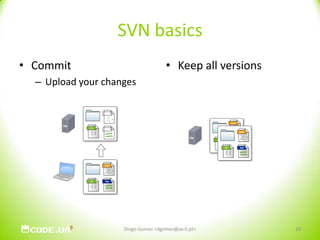 SVN basicsCommitUpload your changesKeep all versionsDiogo Gomes <dgomes@av.it.pt>18
