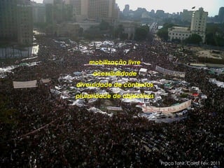 mobilização livre
     acessibilidade
diversidade de contextos
pluraridade de objectivos




                            Praça Tahir, Cairo, Fev. 2011
 