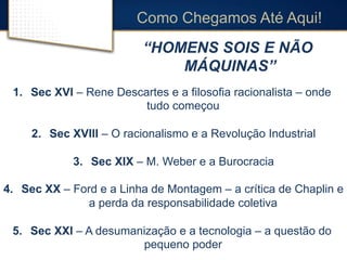 Como Chegamos Até Aqui! 
“HOMENS SOIS E NÃO 
MÁQUINAS” 
1. Sec XVI – Rene Descartes e a filosofia racionalista – onde 
tudo começou 
2. Sec XVIII – O racionalismo e a Revolução Industrial 
3. Sec XIX – M. Weber e a Burocracia 
4. Sec XX – Ford e a Linha de Montagem – a crítica de Chaplin e 
a perda da responsabilidade coletiva 
5. Sec XXI – A desumanização e a tecnologia – a questão do 
pequeno poder 
 