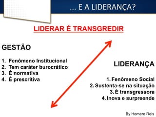 ... 
E 
A 
LIDERANÇA? 
LIDERAR É TRANSGREDIR 
GESTÃO 
1. Fenômeno Institucional 
2. Tem caráter burocrático 
3. É normativa 
4. É prescritiva 
LIDERANÇA 
1. Fenômeno Social 
2. Sustenta-se na situação 
3. É transgressora 
4. Inova e surpreende 
By Homero Reis 
 