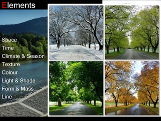 Elements
Form & Mass
Line
Colour
Light & Shade
Texture
Space
Time
Climate & Season
 