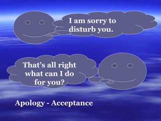 I am sorry to disturb you.   That’s all right what can I do for you? Apology  -   A cceptance  