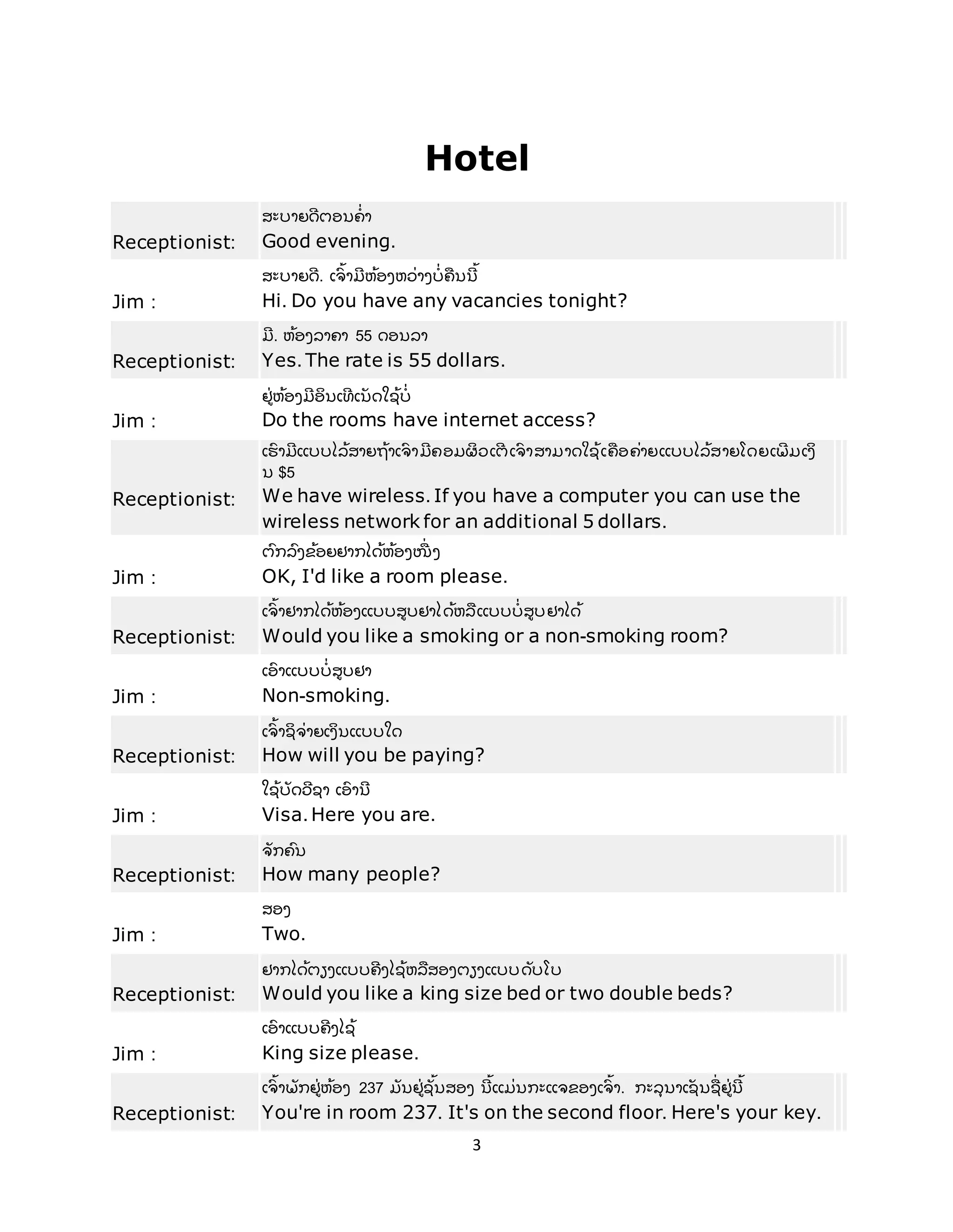 3
Hotel
Receptionist:
ສະບາຍດີ ຕອນຄີ່ າ
Good evening.
Jim :
ສະບາຍດີ . ເຈົ ້ າມີ ຫ້ ອງຫວີ່ າງບີ່ ຄື ນນີ ້
Hi. Do you have any vacancies tonight?
Receptionist:
ມີ . ຫ້ ອງລາຄາ 55 ດອນລາ
Yes. The rate is 55 dollars.
Jim :
ຢີ່ ຫ້ ອງມີ ອິ ນເທີ ເນັ ດໃຊ້ ບີ່
Do the rooms have internet access?
Receptionist:
ເຮົ າມີ ແບບໄລ້ ສາຍຖ້ າເຈົ ້ າມີ ຄອມຜິ ວເຕີ ເຈົ ້ າສາມາດໃຊ້ ເຄື ອຄີ່ າຍແບບໄລ້ ສາຍໂດຍເພີີ່ ມເງິ
ນ $5
We have wireless. If you have a computer you can use the
wireless network for an additional 5 dollars.
Jim :
ຕົ ກລົ ງຂ້ ອຍຢາກໄດ້ ຫ້ ອງໜືີ່ ງ
OK, I'd like a room please.
Receptionist:
ເຈົ ້ າຢາກໄດ້ ຫ້ ອງແບບສບຢາໄດ້ ຫລື ແບບບີ່ ສບຢາໄດ້
Would you like a smoking or a non-smoking room?
Jim :
ເອົ າແບບບີ່ ສບຢາ
Non-smoking.
Receptionist:
ເຈົ ້ າຊິ ຈີ່ າຍເງິ ນແບບໃດ
How will you be paying?
Jim :
ໃຊ້ ບັ ດວີ ຊາ ເອົ ານີ
Visa. Here you are.
Receptionist:
ຈັ ກຄົ ນ
How many people?
Jim :
ສອງ
Two.
Receptionist:
ຢາກໄດ້ ຕຽງແບບຄີ ງໄຊ້ ຫລື ສອງຕຽງແບບດັ ບໂບ
Would you like a king size bed or two double beds?
Jim :
ເອົ າແບບຄີ ງໄຊ້
King size please.
Receptionist:
ເຈົ ້ າພັ ກຢີ່ ຫ້ ອງ 237 ມັ ນຢີ່ ຊັ້ ນສອງ ນີ ້ ແມີ່ ນກະແຈຂອງເຈົ ້ າ. ກະລຸ ນາເຊັ ນຊືີ່ ຢີ່ ນີ ້
You're in room 237. It's on the second floor. Here's your key.
 