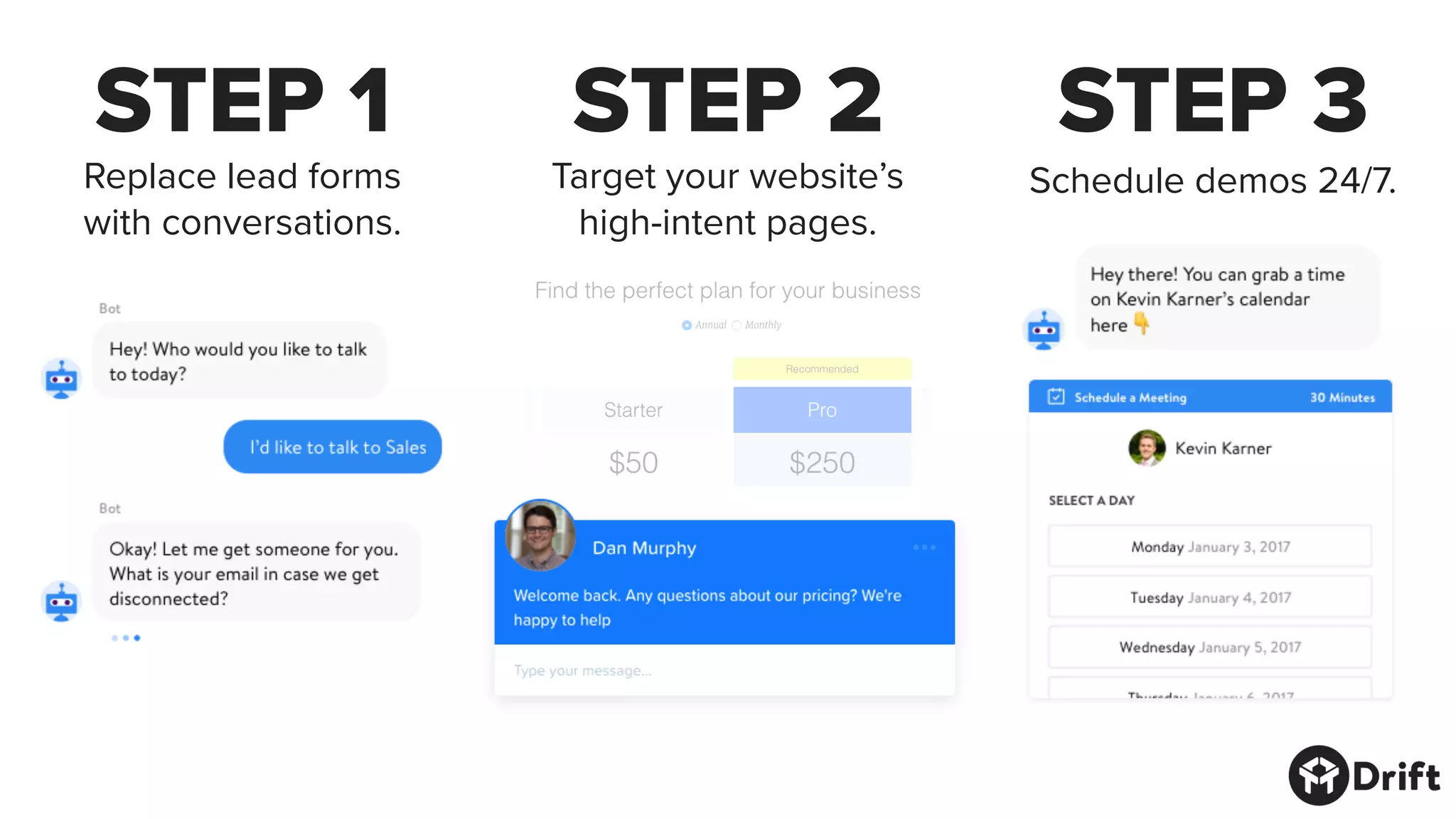 STEP 1
Replace lead forms
with conversations.
STEP 2 STEP 3
Target your website’s
high-intent pages.
Schedule demos 24/7.
 