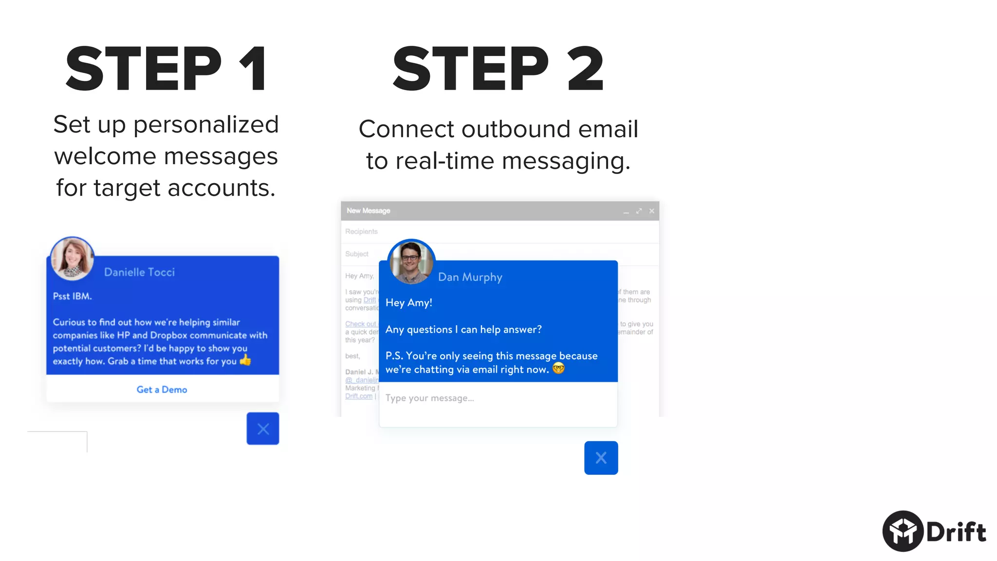 STEP 1
Set up personalized
welcome messages
for target accounts.
STEP 2
Connect outbound email
to real-time messaging.
 
