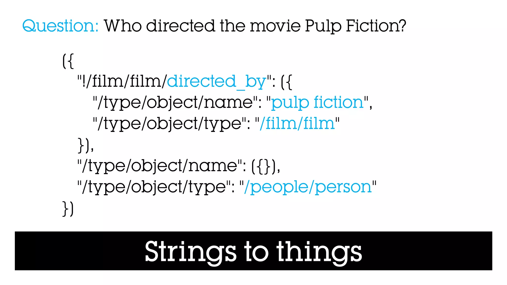 Strings to things
[{
"!/film/film/directed_by": [{
"/type/object/name": "pulp fiction",
"/type/object/type": "/film/film"
}],
"/type/object/name": [{}],
"/type/object/type": "/people/person"
}]
Question: Who directed the movie Pulp Fiction?
 