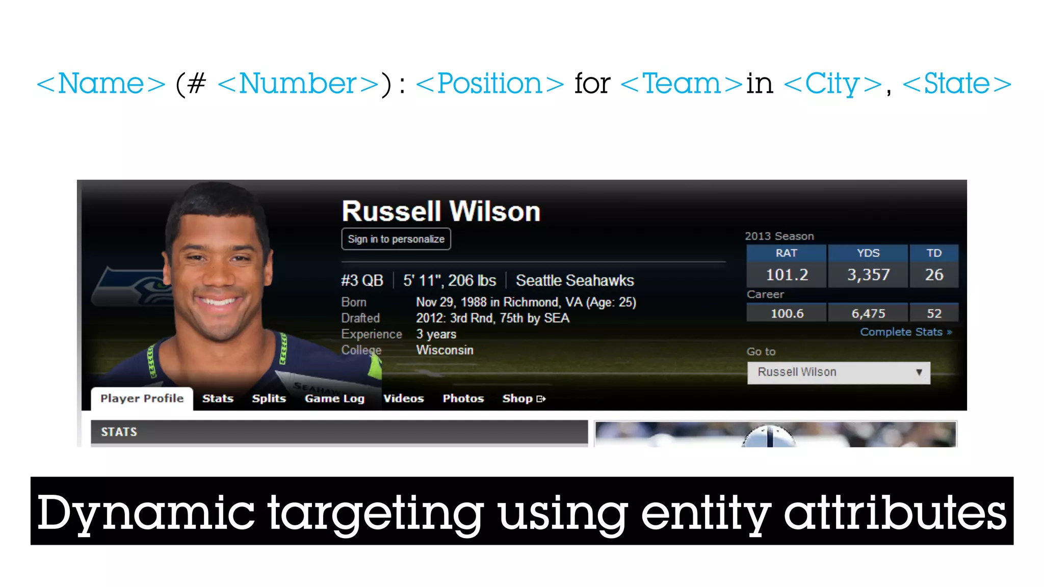 Dynamic targeting using entity attributes
<Name> (# <Number>) : <Position> for <Team>in <City>, <State>
 