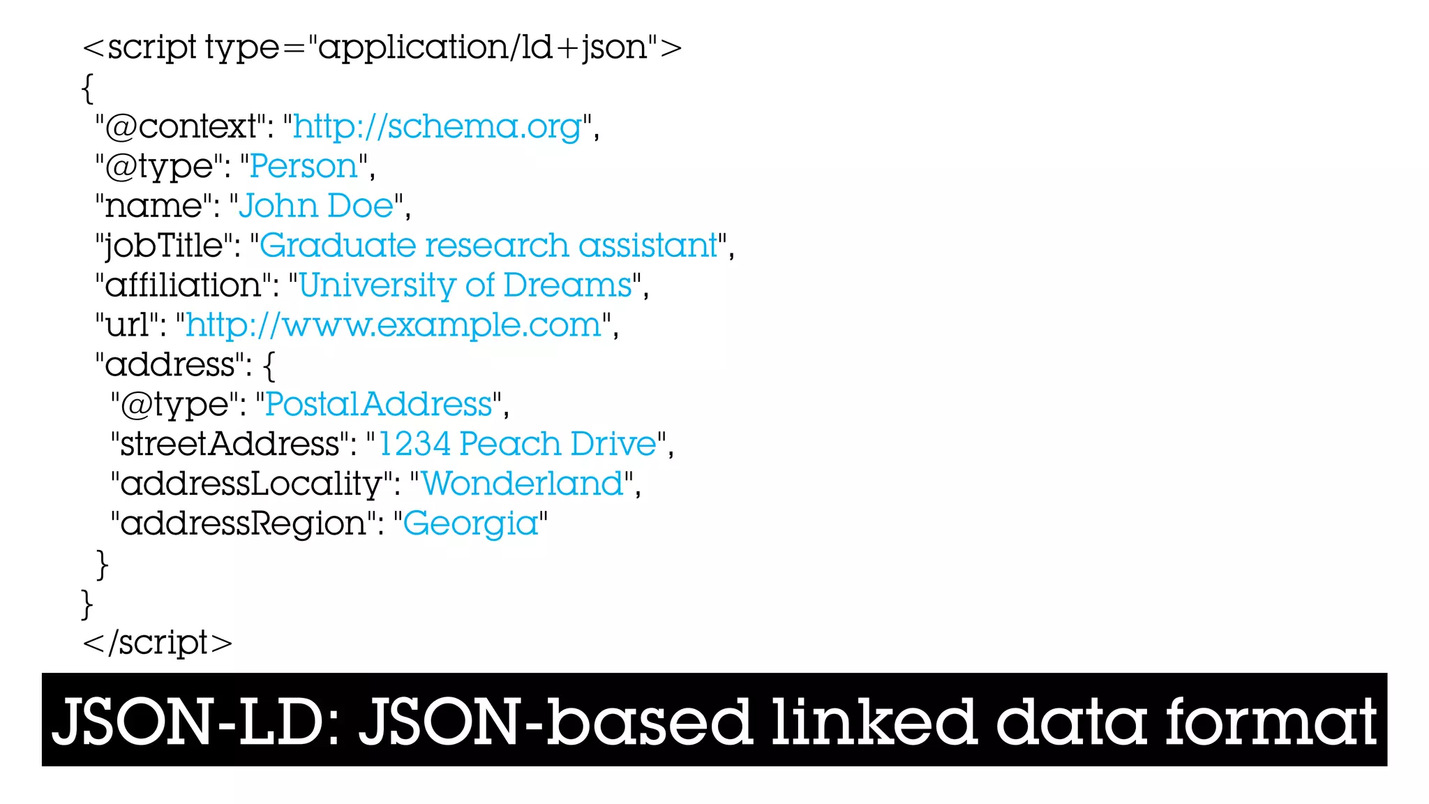 JSON-LD: JSON-based linked data format
<script type="application/ld+json">
{
"@context": "http://schema.org",
"@type": "Person",
"name": "John Doe",
"jobTitle": "Graduate research assistant",
"affiliation": "University of Dreams",
"url": "http://www.example.com",
"address": {
"@type": "PostalAddress",
"streetAddress": "1234 Peach Drive",
"addressLocality": "Wonderland",
"addressRegion": "Georgia"
}
}
</script>
 