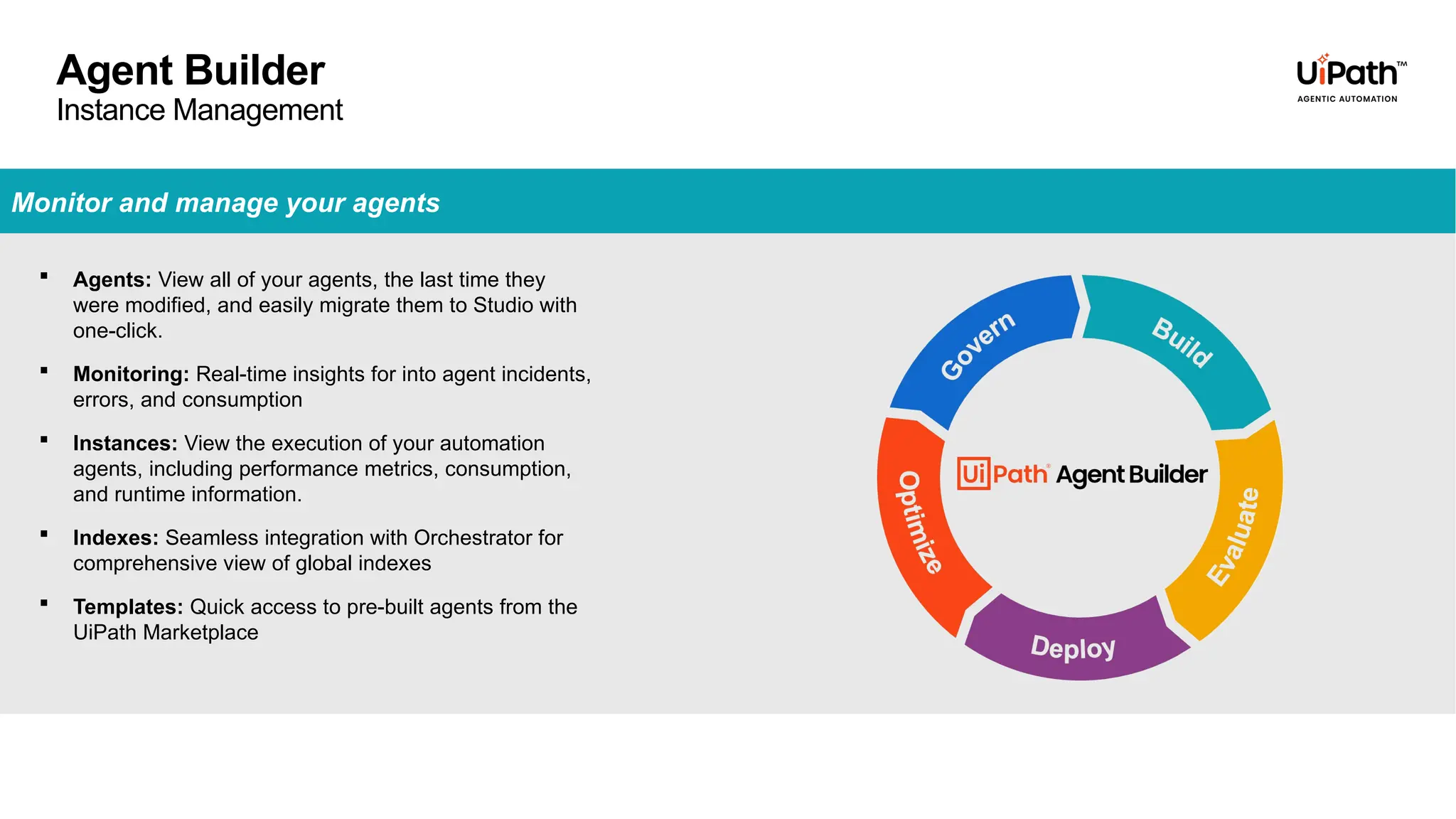 Agent Builder
Instance Management
 Agents: View all of your agents, the last time they
were modified, and easily migrate them to Studio with
one-click.
 Monitoring: Real-time insights for into agent incidents,
errors, and consumption
 Instances: View the execution of your automation
agents, including performance metrics, consumption,
and runtime information.
 Indexes: Seamless integration with Orchestrator for
comprehensive view of global indexes
 Templates: Quick access to pre-built agents from the
UiPath Marketplace
Monitor and manage your agents
 