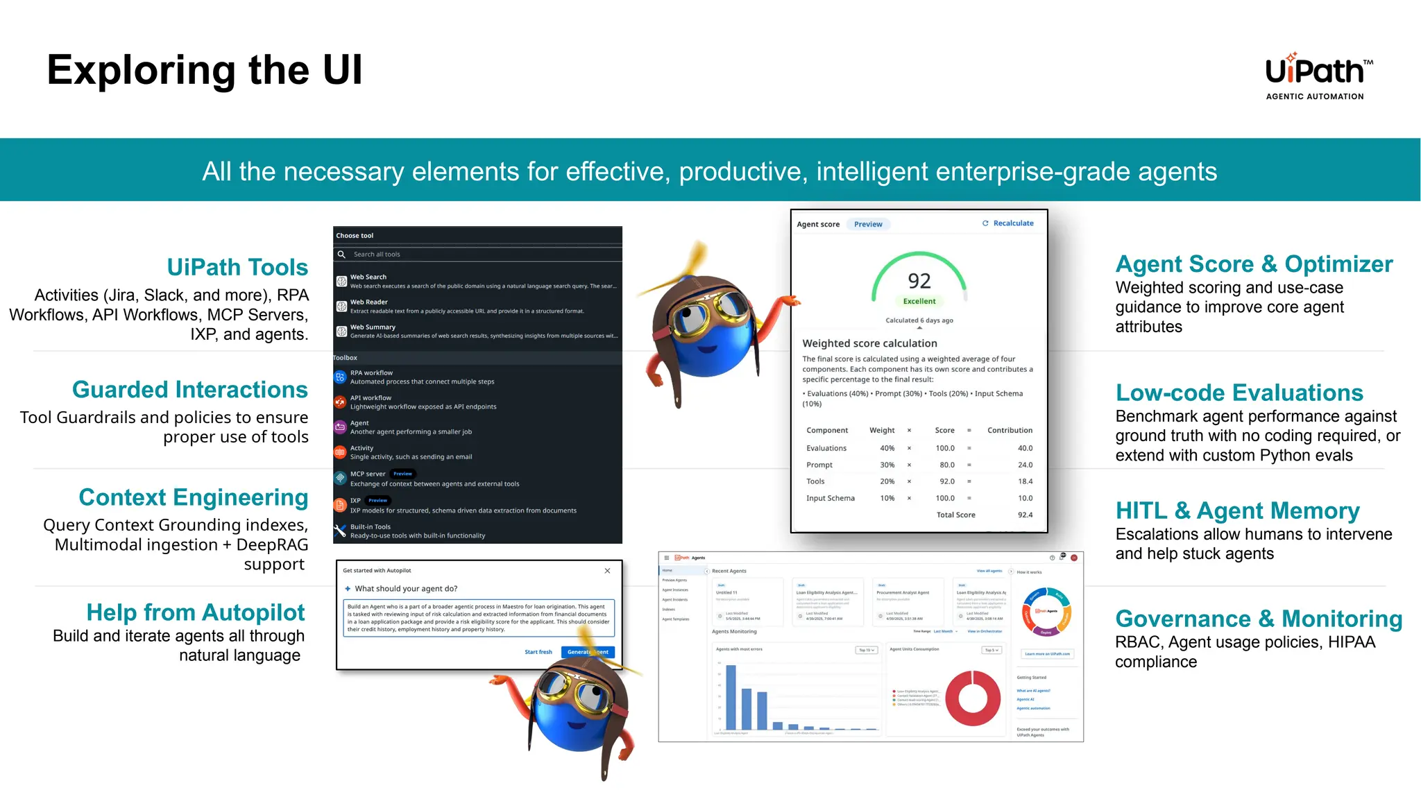 HITL & Agent Memory
Escalations allow humans to intervene
and help stuck agents
Governance & Monitoring
RBAC, Agent usage policies, HIPAA
compliance
Low-code Evaluations
Benchmark agent performance against
ground truth with no coding required, or
extend with custom Python evals
All the necessary elements for effective, productive, intelligent enterprise-grade agents
Context Engineering
Query Context Grounding indexes,
Multimodal ingestion + DeepRAG
support
Guarded Interactions
Tool Guardrails and policies to ensure
proper use of tools
UiPath Tools
Activities (Jira, Slack, and more), RPA
Workflows, API Workflows, MCP Servers,
IXP, and agents.
Exploring the UI
Agent Score & Optimizer
Weighted scoring and use-case
guidance to improve core agent
attributes
Help from Autopilot
Build and iterate agents all through
natural language
 