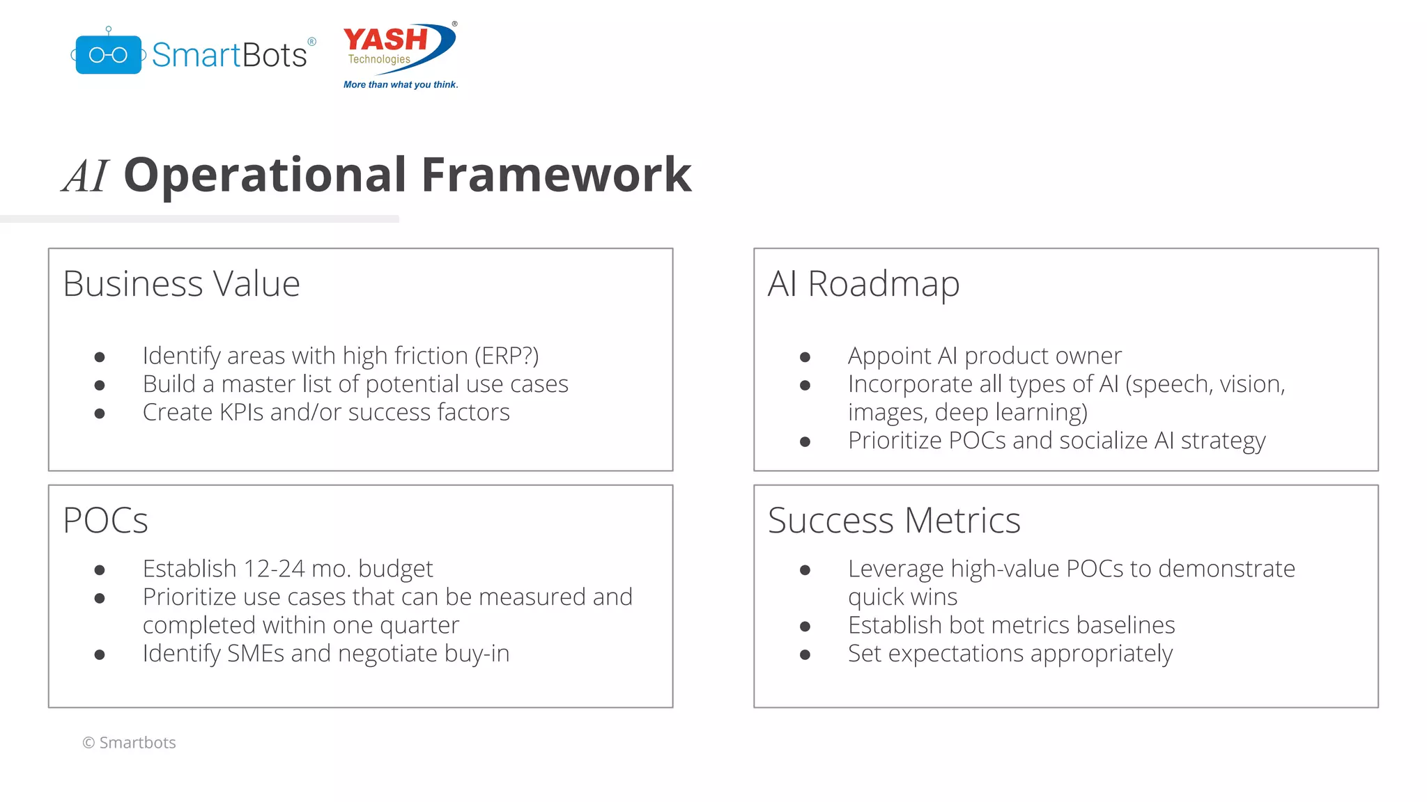 © Smartbots
AI Operational Framework
Business Value AI Roadmap
Success MetricsPOCs
● Identify areas with high friction (ERP?)
● Build a master list of potential use cases
● Create KPIs and/or success factors
● Appoint AI product owner
● Incorporate all types of AI (speech, vision,
images, deep learning)
● Prioritize POCs and socialize AI strategy
● Establish 12-24 mo. budget
● Prioritize use cases that can be measured and
completed within one quarter
● Identify SMEs and negotiate buy-in
● Leverage high-value POCs to demonstrate
quick wins
● Establish bot metrics baselines
● Set expectations appropriately
 
