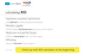 © Smartbots
calculating ROI
Improved customer satisfaction
Evalue CSAT score on chat/voice bot channel through survey
Monitor Loyalty
Watch for changes in Net Promoter Score with the new channel introduction
Reduction in Cost Per Query
Compare the cost per query between bots & human agents
Eﬃciency
Measure the time saved for the human agents
Come up with ROI calculator at the beginning
 