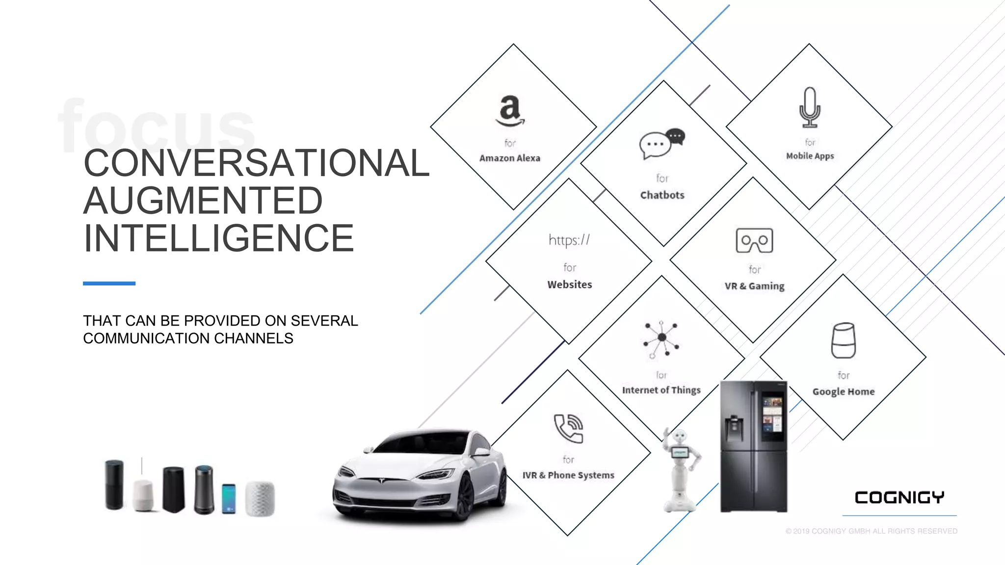 © 2019 COGNIGY GMBH ALL RIGHTS RESERVED
focusCONVERSATIONAL
AUGMENTED
INTELLIGENCE
THAT CAN BE PROVIDED ON SEVERAL
COMMUNICATION CHANNELS
 
