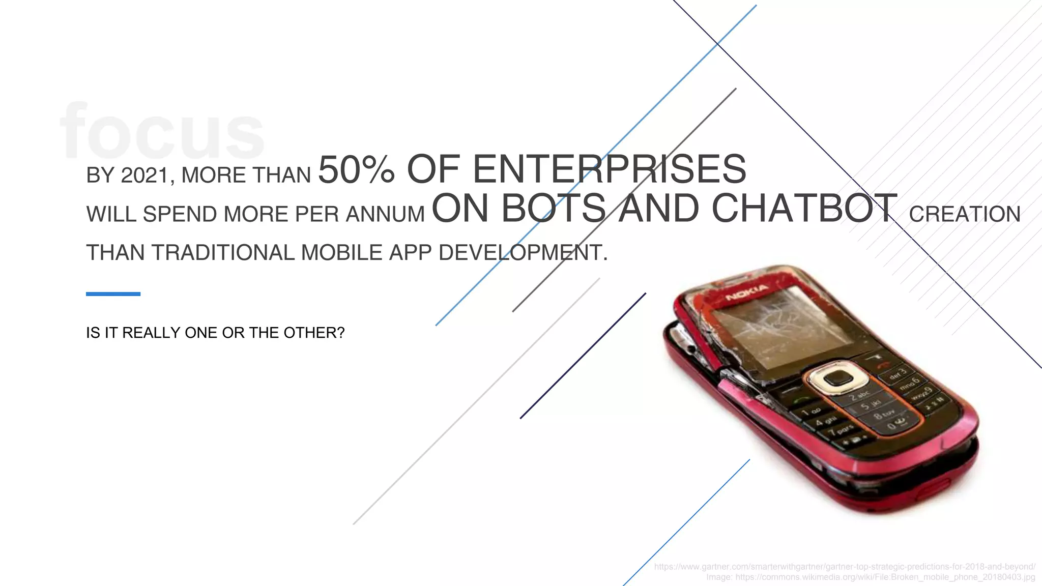 © 2019 COGNIGY GMBH ALL RIGHTS RESERVED
focusBY 2021, MORE THAN 50% OF ENTERPRISES
WILL SPEND MORE PER ANNUM ON BOTS AND CHATBOT CREATION
THAN TRADITIONAL MOBILE APP DEVELOPMENT.
IS IT REALLY ONE OR THE OTHER?
https://www.gartner.com/smarterwithgartner/gartner-top-strategic-predictions-for-2018-and-beyond/
Image: https://commons.wikimedia.org/wiki/File:Broken_mobile_phone_20180403.jpg
 