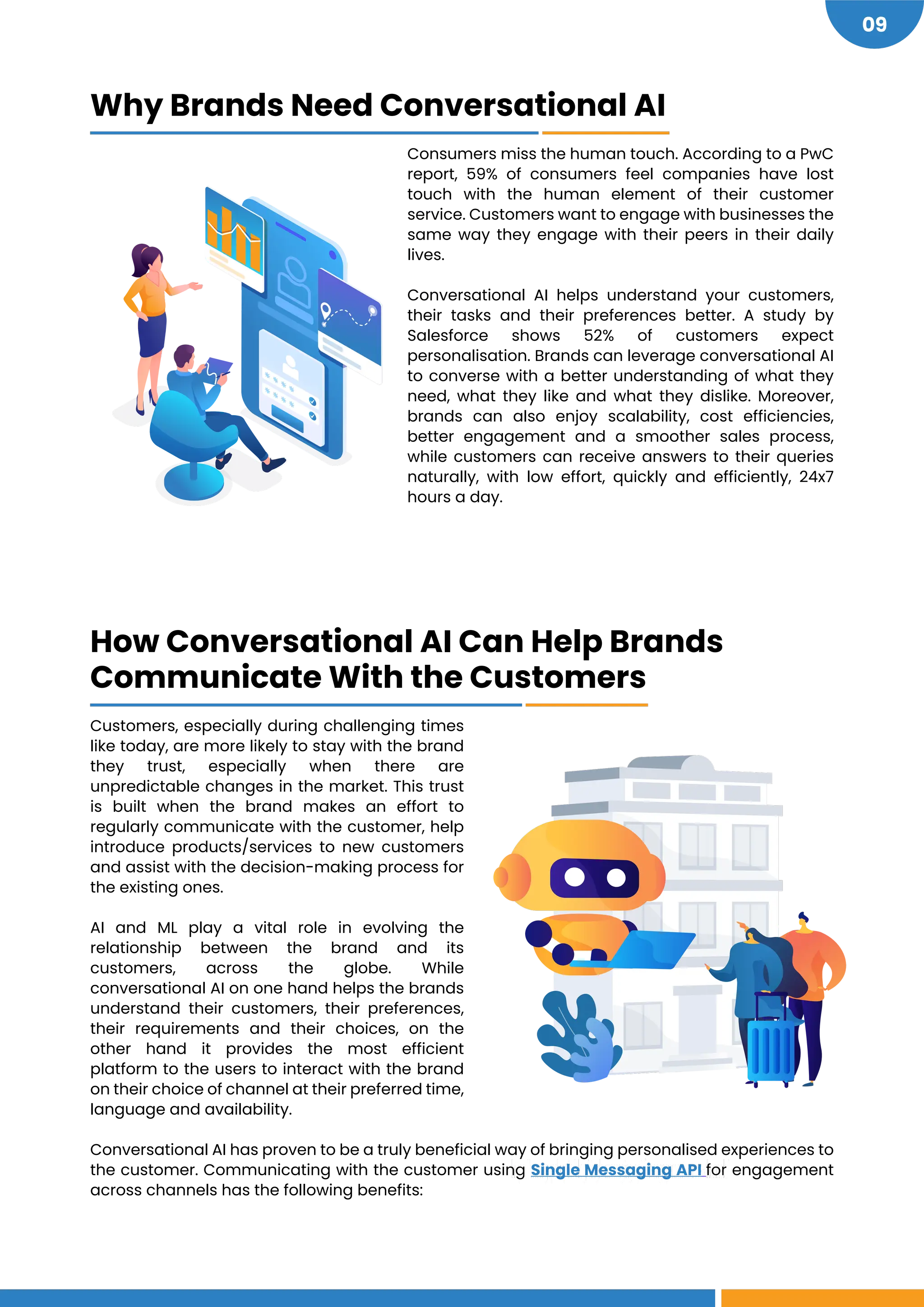 https://www.gupshup.io/blog/single-messaging-api-for-engagement-across-channels/
09
Consumers miss the human touch. According to a PwC
report, 59% of consumers feel companies have lost
touch with the human element of their customer
service. Customers want to engage with businesses the
same way they engage with their peers in their daily
lives.
Conversational AI helps understand your customers,
their tasks and their preferences better. A study by
Salesforce shows 52% of customers expect
personalisation. Brands can leverage conversational AI
to converse with a better understanding of what they
need, what they like and what they dislike. Moreover,
brands can also enjoy scalability, cost efficiencies,
better engagement and a smoother sales process,
while customers can receive answers to their queries
naturally, with low effort, quickly and efficiently, 24x7
hours a day.
Conversational AI has proven to be a truly beneficial way of bringing personalised experiences to
the customer. Communicating with the customer using Single Messaging API for engagement
across channels has the following benefits:
Why Brands Need Conversational AI
Customers, especially during challenging times
like today, are more likely to stay with the brand
they trust, especially when there are
unpredictable changes in the market. This trust
is built when the brand makes an effort to
regularly communicate with the customer, help
introduce products/services to new customers
and assist with the decision-making process for
the existing ones.
AI and ML play a vital role in evolving the
relationship between the brand and its
customers, across the globe. While
conversational AI on one hand helps the brands
understand their customers, their preferences,
their requirements and their choices, on the
other hand it provides the most efficient
platform to the users to interact with the brand
on their choice of channel at their preferred time,
language and availability.
How Conversational AI Can Help Brands
Communicate With the Customers
 