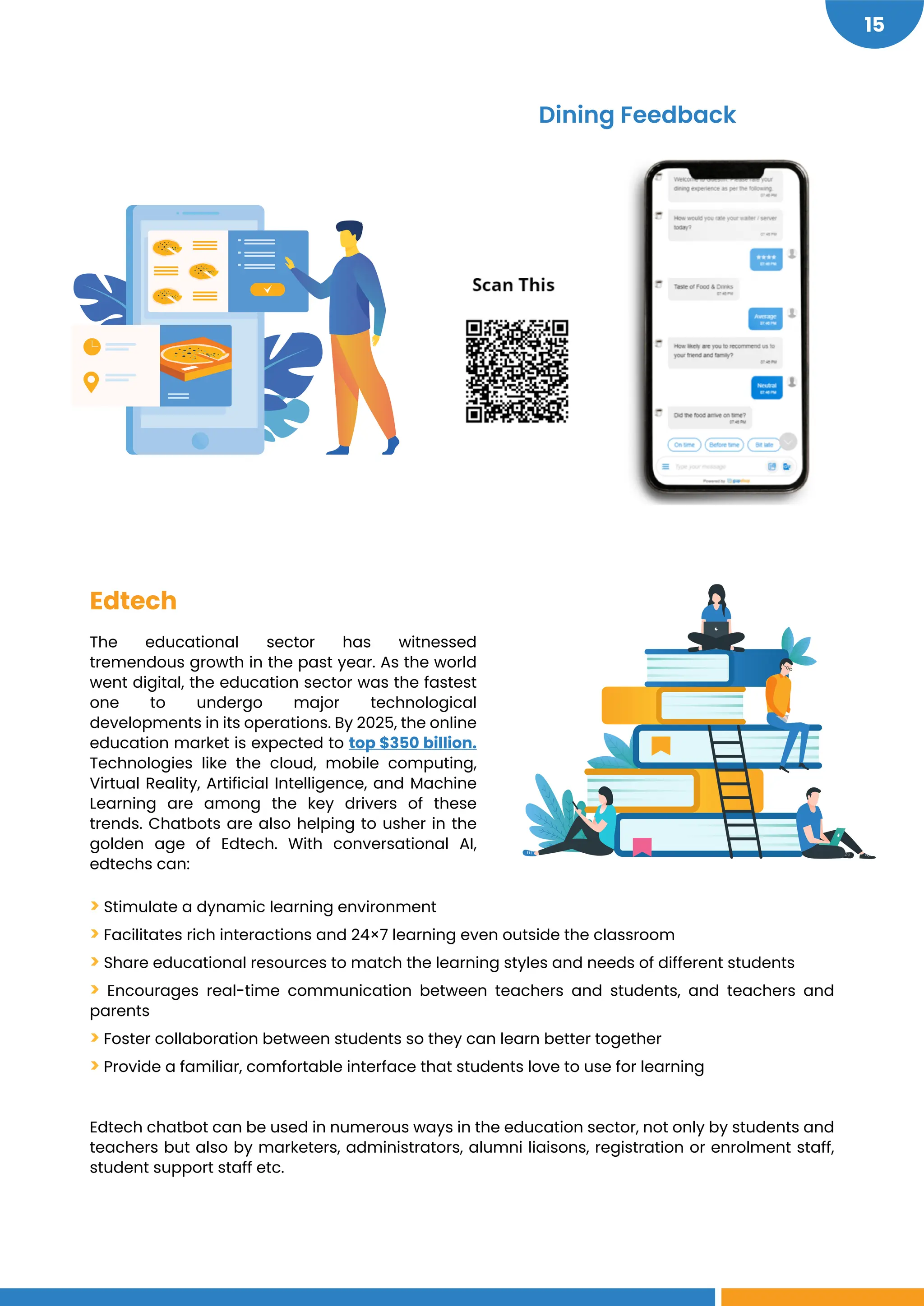 https://bit.ly/3aG22jy
15
Edtech
The educational sector has witnessed
tremendous growth in the past year. As the world
went digital, the education sector was the fastest
one to undergo major technological
developments in its operations. By 2025, the online
education market is expected to top $350 billion.
Technologies like the cloud, mobile computing,
Virtual Reality, Artificial Intelligence, and Machine
Learning are among the key drivers of these
trends. Chatbots are also helping to usher in the
golden age of Edtech. With conversational AI,
edtechs can:
> Stimulate a dynamic learning environment
> Facilitates rich interactions and 24×7 learning even outside the classroom
> Share educational resources to match the learning styles and needs of different students
> Encourages real-time communication between teachers and students, and teachers and
parents
> Foster collaboration between students so they can learn better together
> Provide a familiar, comfortable interface that students love to use for learning
Edtech chatbot can be used in numerous ways in the education sector, not only by students and
teachers but also by marketers, administrators, alumni liaisons, registration or enrolment staff,
student support staff etc.
Dining Feedback
 
