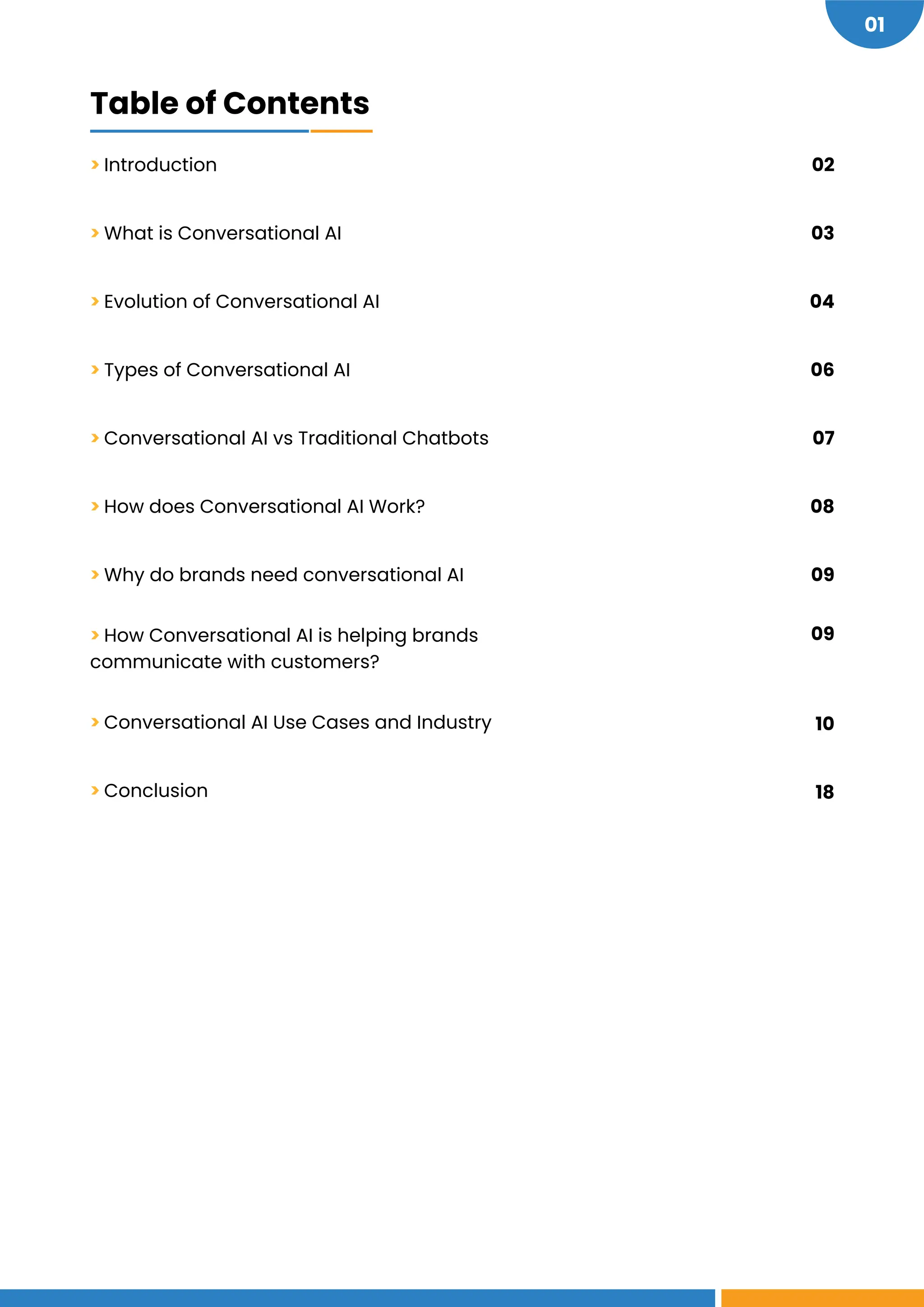 01
> Introduction
> What is Conversational AI
> Evolution of Conversational AI
> Types of Conversational AI
> Conversational AI vs Traditional Chatbots
> How does Conversational AI Work?
> Why do brands need conversational AI
> How Conversational AI is helping brands
communicate with customers?
> Conversational AI Use Cases and Industry
> Conclusion
02
03
04
06
07
08
09
09
10
18
Table of Contents
 