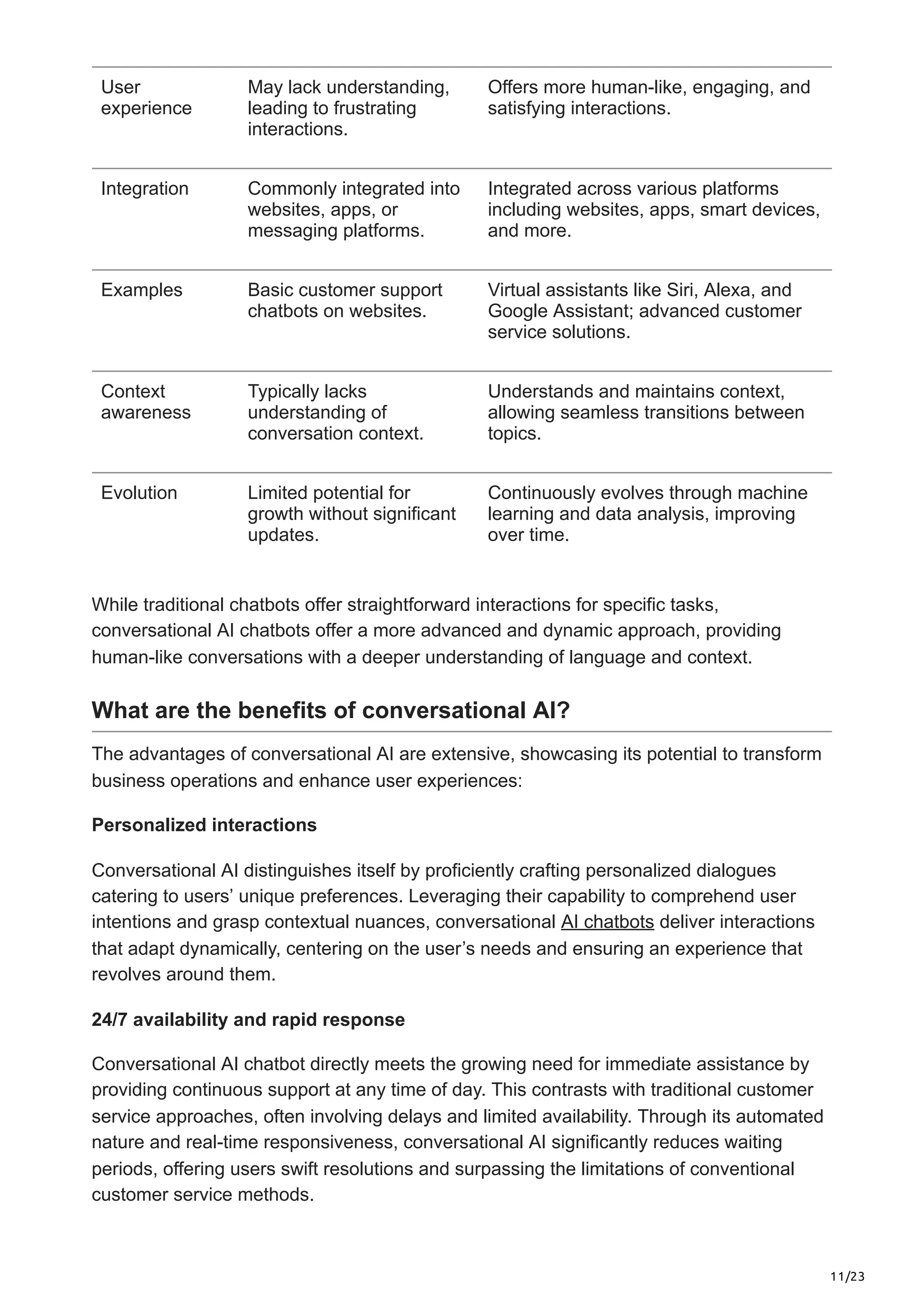 11/23
User
experience
May lack understanding,
leading to frustrating
interactions.
Offers more human-like, engaging, and
satisfying interactions.
Integration Commonly integrated into
websites, apps, or
messaging platforms.
Integrated across various platforms
including websites, apps, smart devices,
and more.
Examples Basic customer support
chatbots on websites.
Virtual assistants like Siri, Alexa, and
Google Assistant; advanced customer
service solutions.
Context
awareness
Typically lacks
understanding of
conversation context.
Understands and maintains context,
allowing seamless transitions between
topics.
Evolution Limited potential for
growth without significant
updates.
Continuously evolves through machine
learning and data analysis, improving
over time.
While traditional chatbots offer straightforward interactions for specific tasks,
conversational AI chatbots offer a more advanced and dynamic approach, providing
human-like conversations with a deeper understanding of language and context.
What are the benefits of conversational AI?
The advantages of conversational AI are extensive, showcasing its potential to transform
business operations and enhance user experiences:
Personalized interactions
Conversational AI distinguishes itself by proficiently crafting personalized dialogues
catering to users’ unique preferences. Leveraging their capability to comprehend user
intentions and grasp contextual nuances, conversational AI chatbots deliver interactions
that adapt dynamically, centering on the user’s needs and ensuring an experience that
revolves around them.
24/7 availability and rapid response
Conversational AI chatbot directly meets the growing need for immediate assistance by
providing continuous support at any time of day. This contrasts with traditional customer
service approaches, often involving delays and limited availability. Through its automated
nature and real-time responsiveness, conversational AI significantly reduces waiting
periods, offering users swift resolutions and surpassing the limitations of conventional
customer service methods.
 