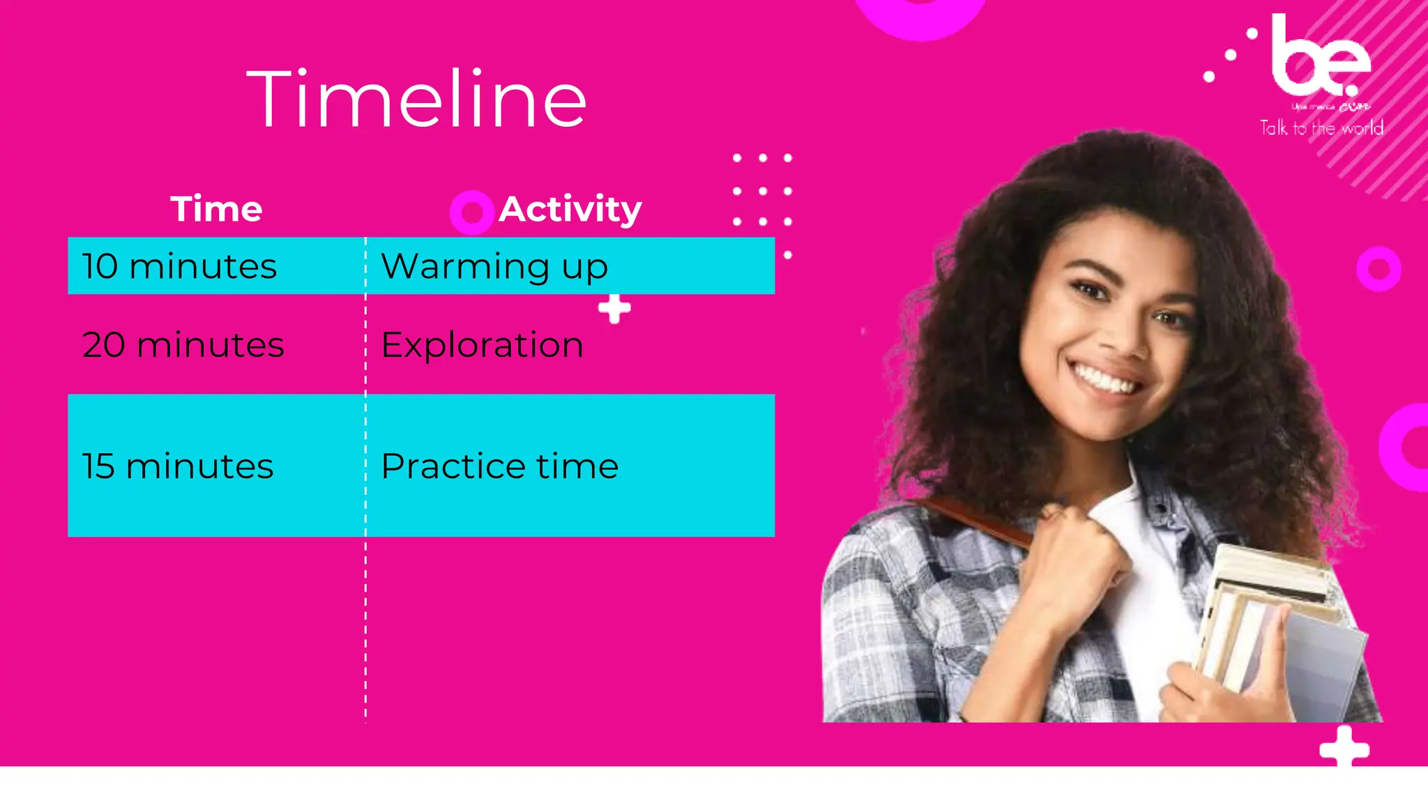 Time Activity
10 minutes Warming up
20 minutes Exploration
15 minutes Practice time
Timeline
 