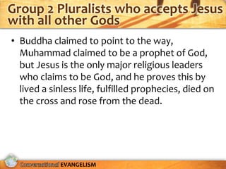 Group 2 Pluralists who accepts Jesus
with all other Gods
• Buddha claimed to point to the way,
  Muhammad claimed to be a prophet of God,
  but Jesus is the only major religious leaders
  who claims to be God, and he proves this by
  lived a sinless life, fulfilled prophecies, died on
  the cross and rose from the dead.




            EVANGELISM
 