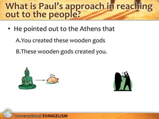 What is Paul’s approach in reaching
out to the people?
• He pointed out to the Athens that
  A.You created these wooden gods
  B.These wooden gods created you.




           EVANGELISM
 