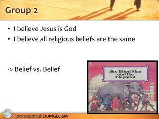 Group 2
• I believe Jesus is God
• I believe all religious beliefs are the same



-> Belief vs. Belief




             EVANGELISM
 