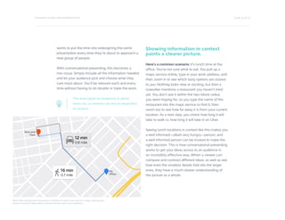 PAGE 10 OF 12THE RIGHT CHOICE FOR MODERN OFFICE
wants to put the time into redesigning the same
presentation every time they’re about to approach a
new group of people.
With conversational presenting, this becomes a
non-issue. Simply include all the information needed
and let your audience pick and choose what they
care most about. You’ll be relevant each and every
time without having to do double or triple the work.
This works great for presenting to global
teams too, as interests can also be dependent
on location.
Showing information in context
paints a clearer picture.
Here’s a common scenario: it’s lunch time at the
office. You’re not sure what to eat. You pull up a
maps service online, type in your work address, and
then zoom in to see which tasty options are closest
to you. Nothing looks new or exciting, but then a
coworker mentions a restaurant you haven’t tried
yet. You don’t see it within the two-block radius
you were hoping for, so you type the name of the
restaurant into the maps service to find it, then
zoom out to see how far away it is from your current
location. As a next step, you check how long it will
take to walk vs. how long it will take in an Uber.
Seeing lunch locations in context like this makes you
a well informed—albeit very hungry—person, and
a well informed person can be trusted to make the
right decision. This is how conversational presenting
works to get your ideas across to an audience in
an incredibly effective way. When a viewer can
compare and contrast different ideas, as well as see
how even the smallest details fold into the larger
ones, they have a much clearer understanding of
the picture as a whole.
Much like seeing lunch locations in relation to where you are on a map, putting your
ideas in context helps paint a clearer picture with your audience.
My
Office
Nom and
Then
 