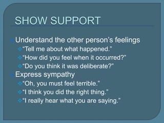  Understand the other person’s feelings
“Tell me about what happened.”
“How did you feel when it occurred?”
“Do you think it was deliberate?”
 Express sympathy
“Oh, you must feel terrible.”
“I think you did the right thing.”
“I really hear what you are saying.”
 