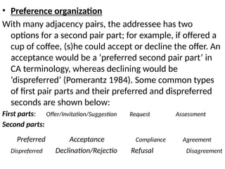 • Preference organization
With many adjacency pairs, the addressee has two
options for a second pair part; for example, if offered a
cup of coffee, (s)he could accept or decline the offer. An
acceptance would be a ‘preferred second pair part’ in
CA terminology, whereas declining would be
‘dispreferred’ (Pomerantz 1984). Some common types
of first pair parts and their preferred and dispreferred
seconds are shown below:
First parts: Offer/Invitation/Suggestion Request Assessment
Second parts:
Preferred Acceptance Compliance Agreement
Dispreferred Declination/Rejectio Refusal Disagreement
 