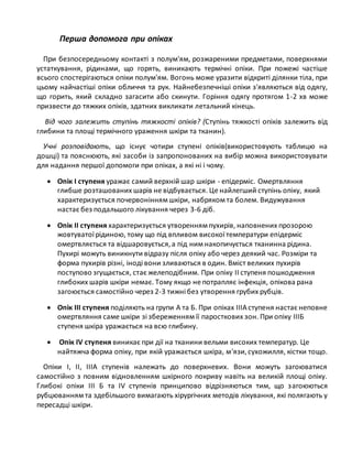 Перша допомога при опіках
При безпосередньому контакті з полум'ям, розжареними предметами, поверхнями
устаткування, рідинами, що горять, виникають термічні опіки. При пожежі частіше
всього спостерігаються опіки полум'ям. Вогонь може уразити відкриті ділянки тіла, при
цьому найчастіші опіки обличчя та рук. Найнебезпечніші опіки з'являються від одягу,
що горить, який складно загасити або скинути. Горіння одягу протягом 1-2 хв може
призвести до тяжких опіків, здатних викликати летальний кінець.
Від чого залежить ступінь тяжкості опіків? (Ступінь тяжкості опіків залежить від
глибини та площі термічного ураження шкіри та тканин).
Учні розповідають, що існує чотири ступені опіків(використовують таблицю на
дошці) та пояснюють, які засоби із запропонованих на вибір можна використовувати
для надання першої допомоги при опіках, а які ні і чому.
 Опік I ступеня уражає самий верхній шар шкіри - епідерміс. Омертвляння
глибше розташованих шарів не відбувається. Це найлегший ступінь опіку, який
характеризується почервонінням шкіри, набряком та болем. Видужування
настає без подальшого лікування через 3-6 діб.
 Опік II ступеня характеризується утворенням пухирів, наповнених прозорою
жовтуватої рідиною, тому що під впливом високої температури епідерміс
омертвляється та відшаровується,а під ним накопичується тканинна рідина.
Пухирі можуть виникнути відразу після опіку або через деякий час. Розміри та
форма пухирів різні, іноді вони зливаються в один. Вміст великих пухирів
поступово згущається, стає желеподібним. При опіку II ступеня пошкодження
глибоких шарів шкіри немає. Тому якщо не потрапляє інфекція, опікова рана
загоюється самостійно через 2-3 тижні без утворення грубих рубців.
 Опік III ступеня поділяють на групи А та Б. При опіках IIIАступеня настає неповне
омертвляння саме шкіри зі збереженням її паросткових зон. При опіку IIIБ
ступеня шкіра уражається на всю глибину.
 Опік IV ступеня виникає при дії на тканини вельми високих температур. Це
найтяжча форма опіку, при якій уражається шкіра, м'язи,сухожилля, кістки тощо.
Опіки I, II, IIIА ступенів належать до поверхневих. Вони можуть загоюватися
самостійно з повним відновленням шкірного покриву навіть на великій площі опіку.
Глибокі опіки III Б та IV ступенів принципово відрізняються тим, що загоюються
рубцюванням та здебільшого вимагають хірургічних методів лікування, які полягають у
пересадці шкіри.
 