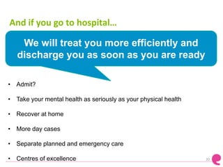 20
And if you go to hospital…
We will treat you more efficiently and
discharge you as soon as you are ready
• Admit?
• Take your mental health as seriously as your physical health
• Recover at home
• More day cases
• Separate planned and emergency care
• Centres of excellence
 