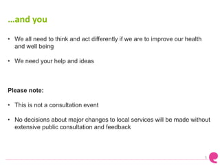 …and you
5
• We all need to think and act differently if we are to improve our health
and well being
• We need your help and ideas
Please note:
• This is not a consultation event
• No decisions about major changes to local services will be made without
extensive public consultation and feedback
 